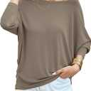 Women's Off Shoulder Tops Casual Loose Batwing Sleeve Shirts Tunic Fashion Boat Neck Pullover Sweaters (Brown, S)