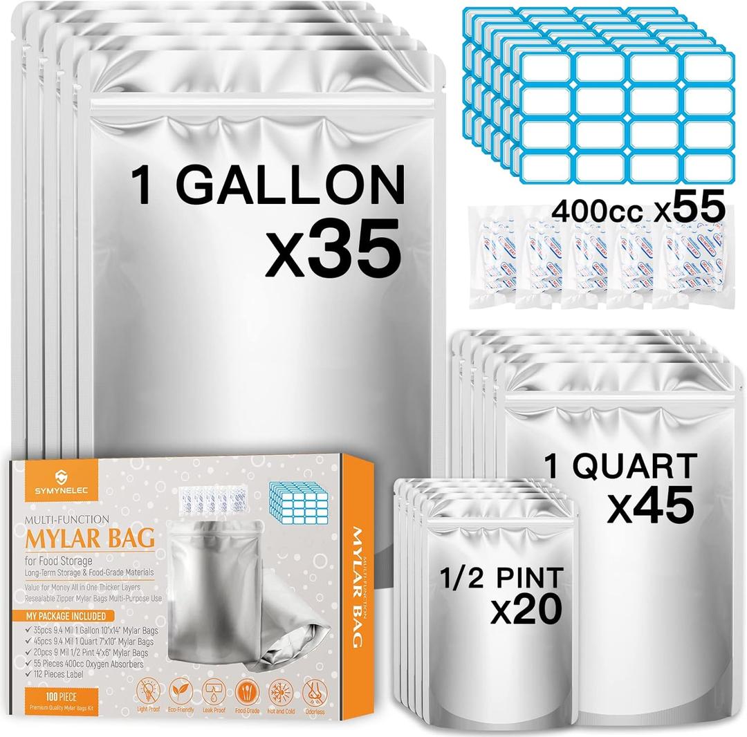 100PCS Mylar Bags with 400cc Oxygen Absorbers, 11.8 Mil Thicker Long Term Food Storage Bag, 1 Gallon 10x14 6x9 4x6 Stand-up Zipper Resealable Heat Sealable for Airtight Smell Proof Packaging (100PCS Multi Size)