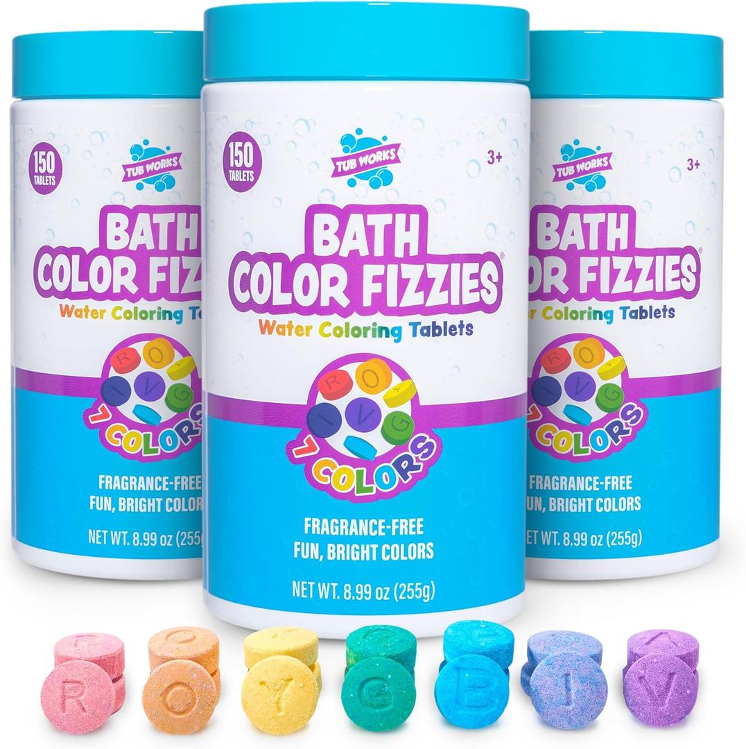Tub Works Bath Color Fizzies, 150 Count, 3 Pack | Nontoxic & Fragrance-Free | Color Bath Drops Create Fun Bath Colors | Bath Color Tablets in 7 Colors for Variety | Bath Bombs for Kids Bath