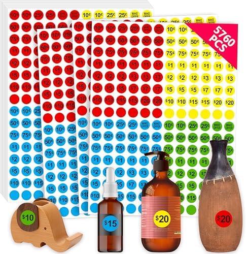 5760 PCS Pre-Priced Pricing Stickers, Sale Labels in 4 Bright Colors (Yellow/Red/Green/Cyan), Price Tag Stickers for Yard/Garage Sale, Flea Market (3/4” in Diameter),Set of 4 5760 PCS Pre-Priced Pricing Stickers, Sale Labels in 4 Bright Colors (Yellow/Red/Green/Cyan), Price Tag Stickers for Yard/Garage Sale, Flea Market (3/4” in Diameter),Set of 4