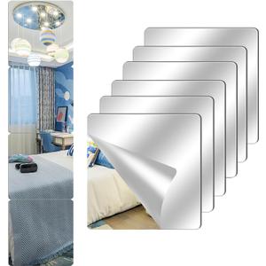 6 Pack Acrylic Mirrors for Wall,8" x 8" Self Adhesive Frameless Small Mirror Tiles, Flexible Plastic Mirror Sheets for Home Wall Decor Bedroom Gym DIY (6, 8" x 8")