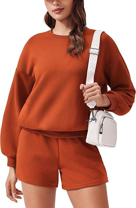 PINSPARK Two Piece Sets for Women 2024 Fall Outfits Sweatsuit 4 Pockets Sweat Short Sets Casual Matching Set Travel Tracksuit Size L, Orange