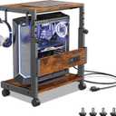 Computer Tower Stand with Charge Station and USB Charging Port - Height Adjustable PC Tower Stand, Under Desk CPU Holder Cart with Locking Caster Wheels for Fits Most PC (17.32", Brown)