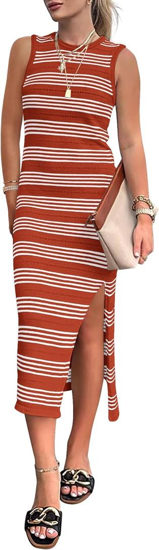 PRETTYGARDEN Summer Dresses for Women 2026 Casual Sleeveless Hollow Out Knit Side Slit Striped Beach Vacation Midi Dress (Medium, Rust Red)