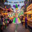 Vicenpal Mardi Gras Costume for Women, 9 Pcs Complete Carnival Outfit Set with Tutu Skirt, Sequin Hat, Feather Mask, Suspenders, Beads Necklace and Striped Socks for Tuesday Parade Party