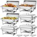 VEVOR Rectangle Chafing Dishes, 9 Qt 6 Pack Stainless Steel Chafing Dish, Food Warmer Chafer Complete Set with Hollow Handle, 3 Food Tongs, Lid, Holder, Chafer Dishes for Banquet Party Wedding