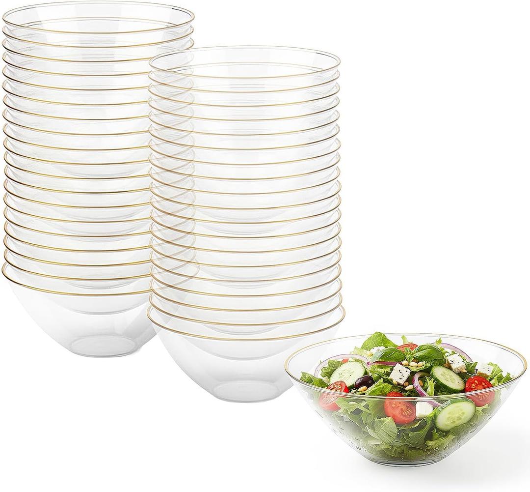 4 x Blue Sky Organic Clear Gold-Rim Disposable Plastic Salad Bowls 1 Pc. - 58oz Premium Quality, Large and Stylish Party Tableware