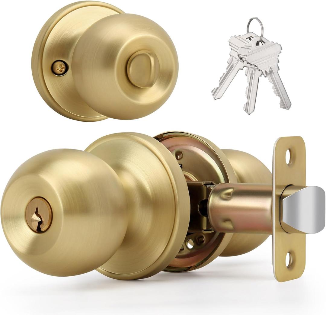 Brushed Gold Ball Design Door Knob with Keys and Lock, Keyed Entry Round Shaped Doorknob for Front/Entrance Doors, Satin Brass Finish (1 Pack)