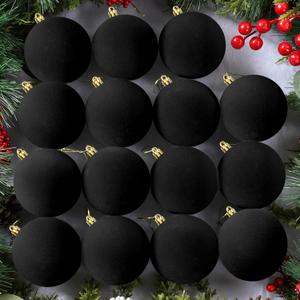 OCTERIC 24 Pcs 3.15Inches Velvet Christmas Ball Ornaments, Shatterproof Black Flocked Bulbs Decorations Set, Retro Decorative Hanging Plastic Ornaments for Xmas Tree Holiday Party Décor