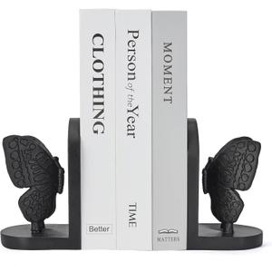 Black Butterfly Book Ends for Shelves, Butterflies Statue Decorative Bookends for Heavy Books, Resin Book Ends with Non-Slip Felt Base for Home Farmhouse Shelves Office Lover Gift