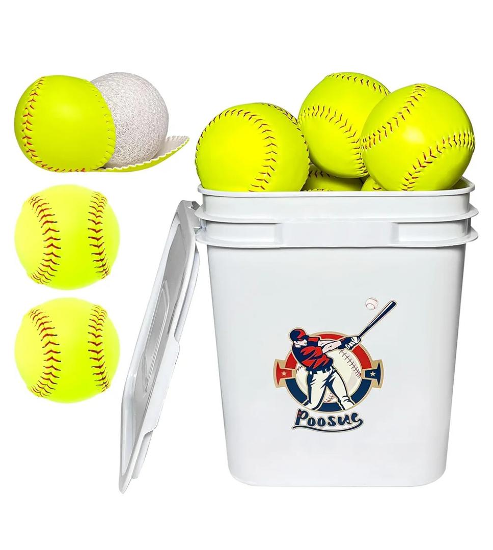 Bucket of 13 Practice Softballs, Official Size and Weight Slowpitch Softball Unmarked Leather Covered Youth Fastpitch Ball Sports Ball for Games, Practice and Training, Yellow