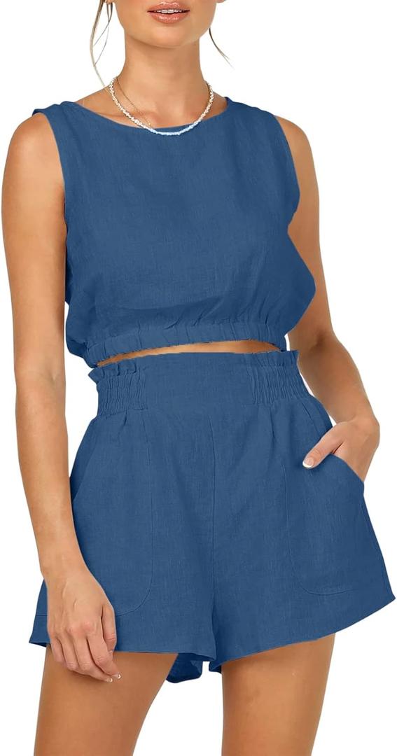Eurivicy Women's 2pcs Summer Outfits Sleeveless Crop Tank Top and High Waist Pocketed Shorts Loose 2 Piece Short Sets M size