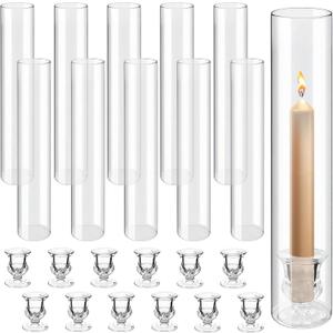 12 Sets Glass Hurricane Candle Holders - 12.6 Clear Tall Cylinder Candle Holder Chimney Tube with 2 Holder for Wedding, Christmas Table Decor (12, Clear)