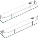 Glass Bathroom Shelves, Rectangular Tempered Glass Floating Shelves for Wall with 304 Stainless Steel Rail and Zinc Alloy Bracket, 2 Pack