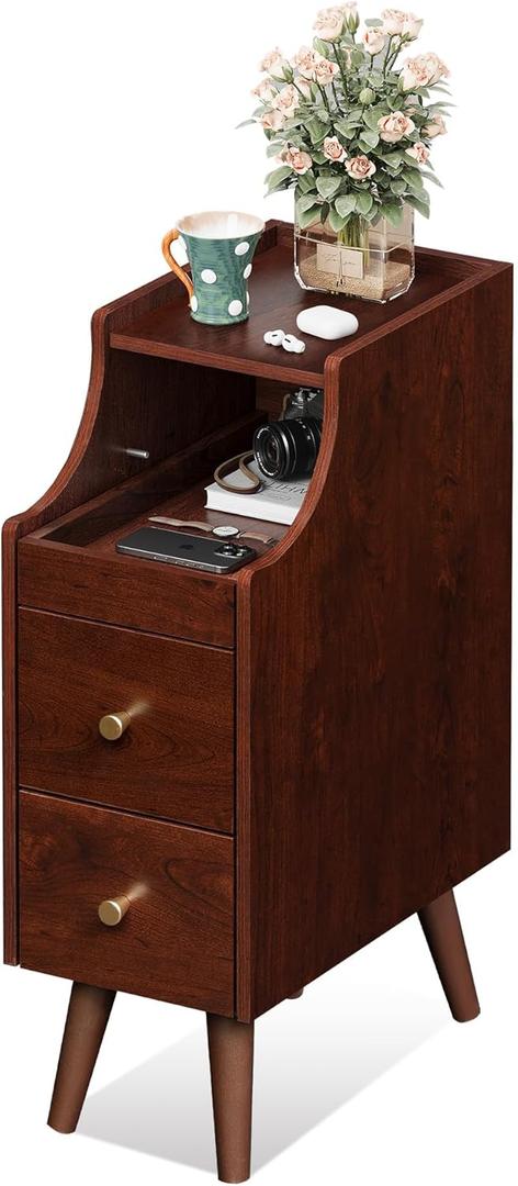 WLIVE Small Nightstand with Drawers, Narrow Bedside Tables with Open Shelf & Cable Hole, Narrow Nightstand for Bedroom, Modern Storage Cabinet for Small Spaces/Living Room, Cherry