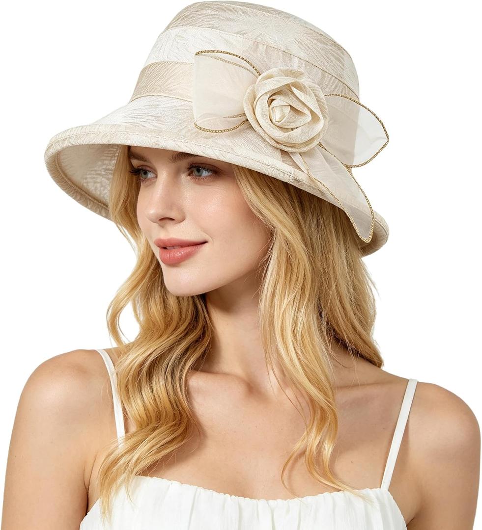Women Flower Bowler Sun Hat Wide Brim Cloche Bucket Hat Foldable Breathable Wedding Church Tea Party Fascinator (Beige)