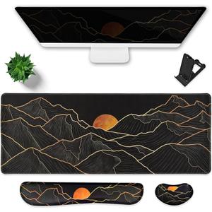 Large Gaming Mouse Pad Waterproof/Mouse Wrist Rest/Keyboard Wrist Rest Set, Non-Slip Rubber Base, Ergonomic Computer Desk Mat with Wrist Support for Keybord and Mouse, Easy Typing&Pain Relief (Golden Mountain)