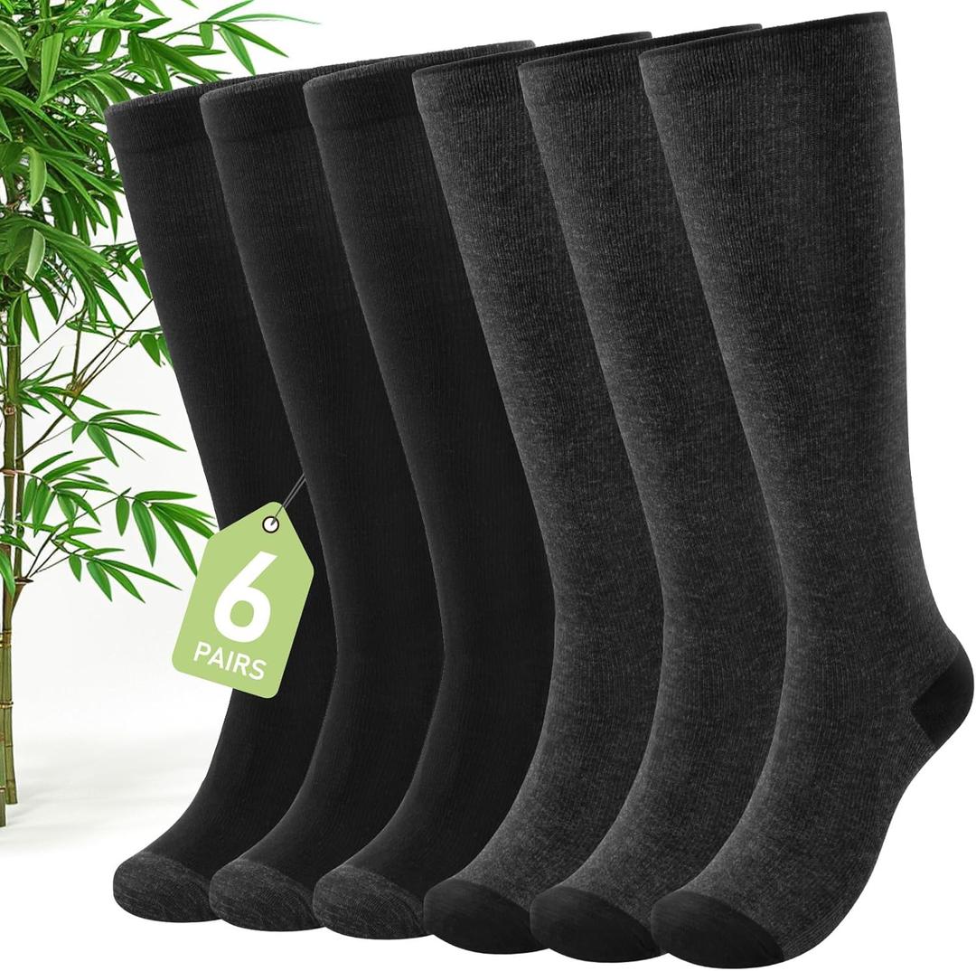 SONORAN Bamboo Viscose Compression Socks for Women & Men (6 Pairs) 20-30 mmHg Knee High Support for Nurses Travel Pregnant (Large-X-Large)