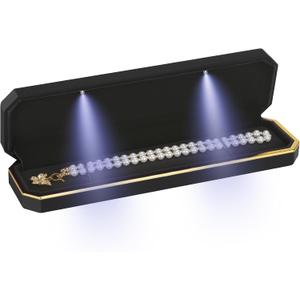 Luxury LED Necklace Long Chain Gift Box with LED Light, Velvet Jewelry Box Storage Case Organizer Holder (Black)