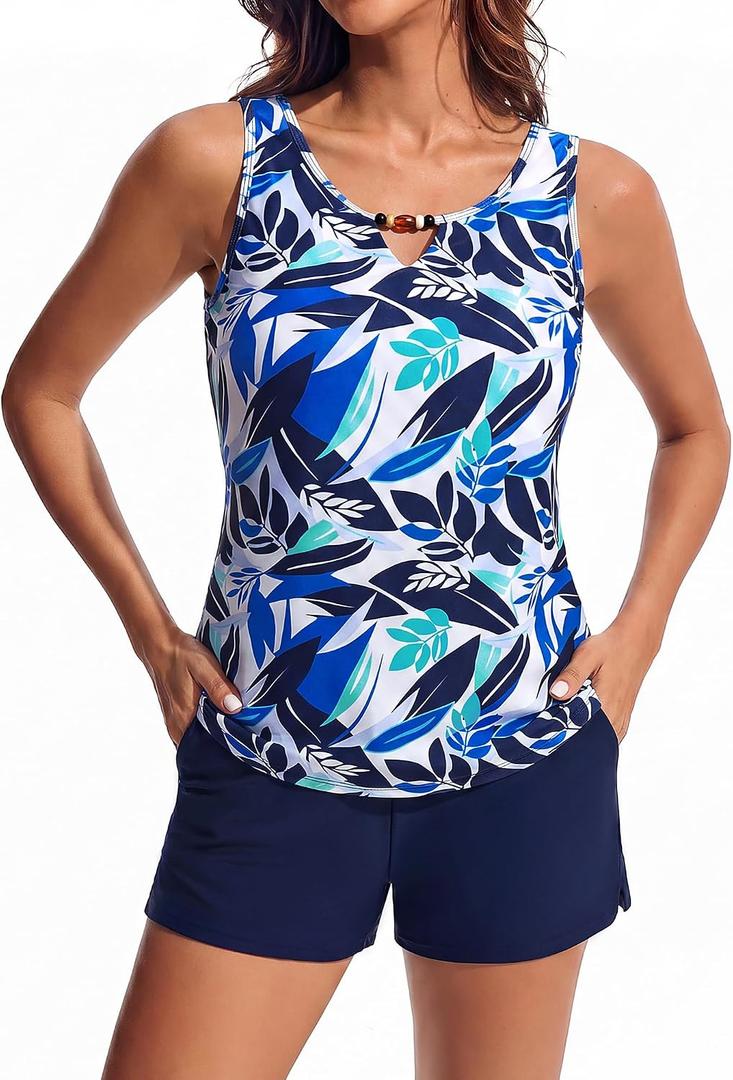 Hanna Nikole Women 2 Piece Tankini Swimsuits with Sporty Swimshorts Pockets (Blue, M)