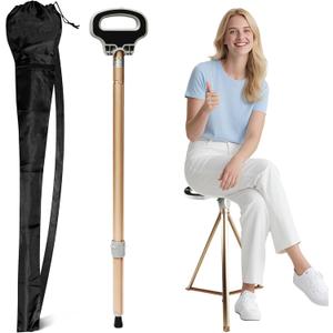 ALEVMOOM Walking Cane with Seat Folding Lightweight, 2-in-1 Cane Stool for Adults, Aluminum Walking Stick with Seat, Stick Chair Portable Stool for Senior (34 IN/1.8 LBS, GOLD)