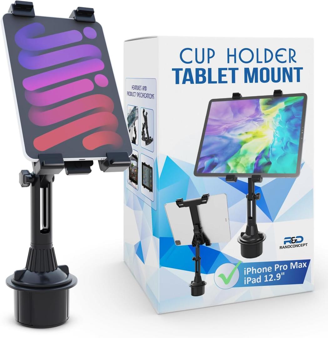 Randconcept - Cup Holder Tablet Mount for Car and Truck Tablet Holder with Heavy Duty Cup Holder Base, Compatible with 4.7-12.9 inch iPad pro iPad mini ipad 9th gen