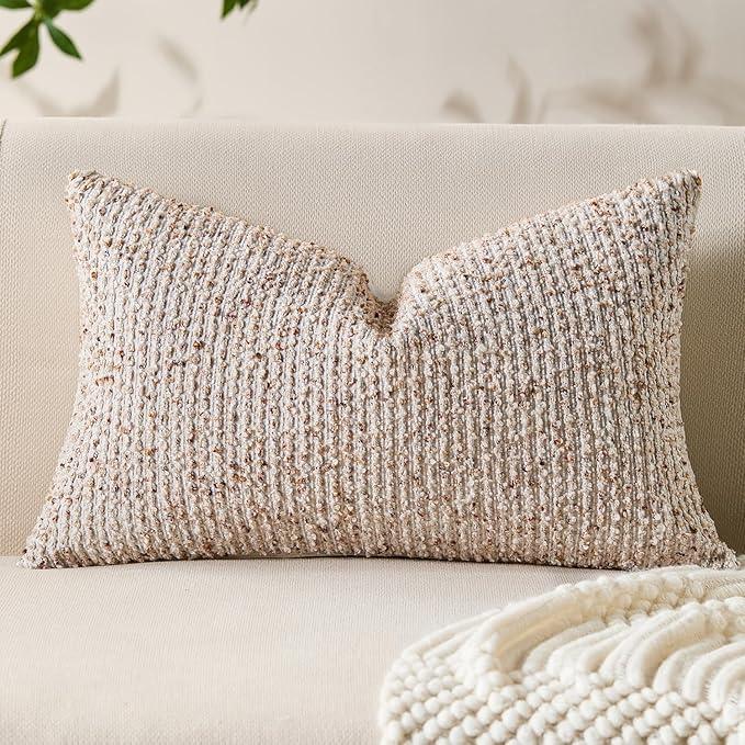 Decorative Lumbar Pillow Cover 12x20 Beige Striped Soft Wool Lumbar Throw Pillow Neutral Textured Boho Cushion Covers for Modern Farmhouse Sofa Bedroom Living Room Decor SY011-A12