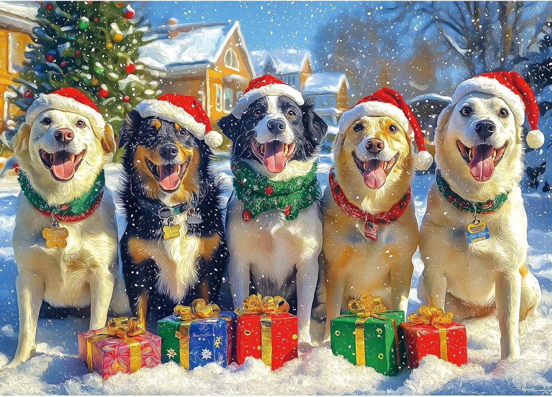 Christmas Dog Gathering 1000 Piece Puzzle for Adults, Fun Puzzles for Adults 1000 Pieces with HD Print & Poster, 27.5 * 19.7 in Dust Free, for Gifts Halloween Christmas Family Games Lovers