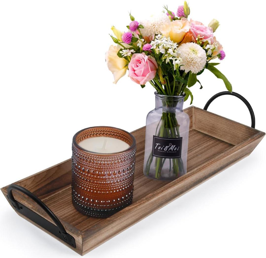 Rectangle Wood Candle Tray with Black Metal Handles, Rustic Wood Candle Holder for Displaying Candles,Centerpieces for Dining Table, Mantel, Coffee TableFarmhouse