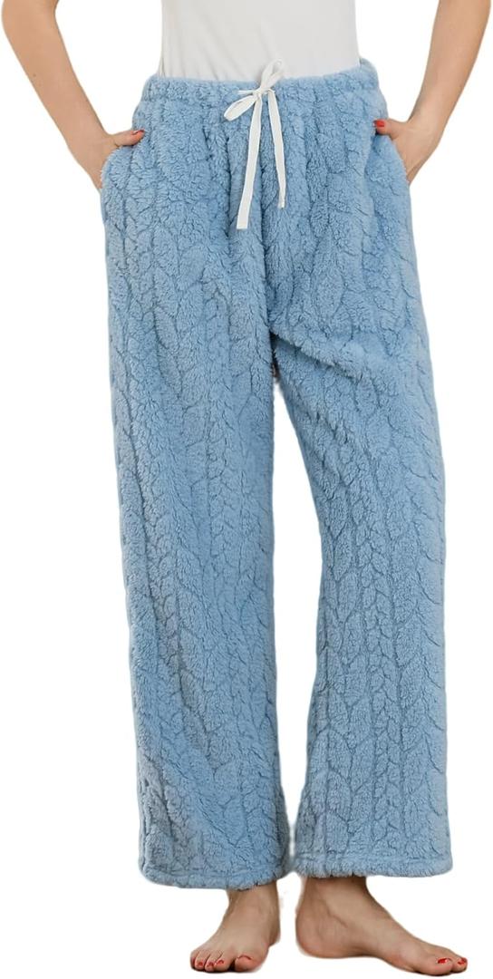 LYCY Fluffy Pajama Pants for Women, Comfy Fuzzy Pj Bottoms with Pockets Drawstring Fleece Sleepwear Soft Winter (Medium, Dark Blue)