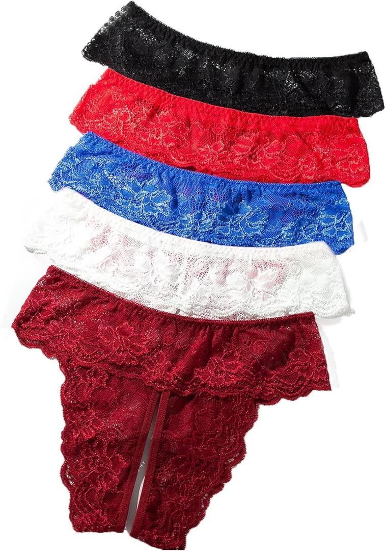 Justgoo Womens Sexy Thongs Lace Panties Underwear Low Rise Plus Size Underpants Pack of 5 (Large)