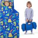 JOIEDOMI Toddler Sleeping Bag for Kids 55''x30'' Nap Mat with Removable Pillow and Minky Blanket for Toddler Ages 3-7 Roll Up Soft Kids Sleeping Bag for Boys Girls Kindergarten Daycare Sleepover (Blue Dinosaur)