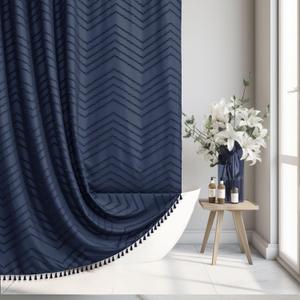 Navy Blue Woven Fabric Cute Shower Curtain, 72 x 72 Tufted Chevron Textured Striped Modern Minimalist Cloth Shower Curtain for Bathroom