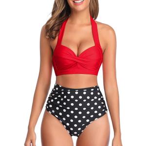 Tempt Me Women Two Piece Swimsuit High Waisted Bikini Halter Vintage Retro Bathing Suit Push up Swimwear (X-Large, Red/Black Dot)