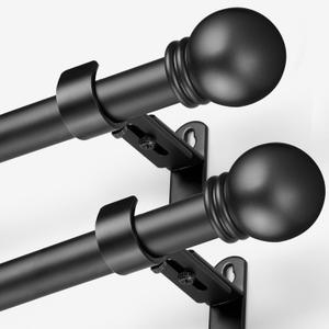 Curtain Rods for Windows 16 to 76 Inches, Curtain Rod Max Adjustable Length of 88 IN, 6/8" Diameter Drapery Rods Round Finials, Black, Pack of 2