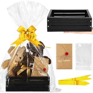 Wonderjune Wooden Baskets for Valentine's Day Gifts Empty Wood Basket with Cellophane Bag Ribbon Greeting Card for Birthday Baby Shower Wedding Housewarming Gifts Packaging(Black, Small) (1 count (Pack of 4))