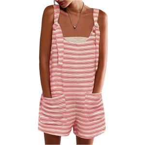 Womens Casual Summer Strapless Romper Tied Wide Leg Striped Short Overalls Loose Boho Beach Cute Rompers with Pockets (XX-Large, A011 Pink)