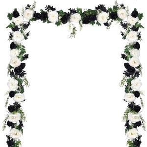 DearHouse 2Pcs Artificial Peony Flower Garland - Silk Peony Garland with Black White Flowers for Wedding Party Table Decoration,6ft/Strand (2, White & Black)