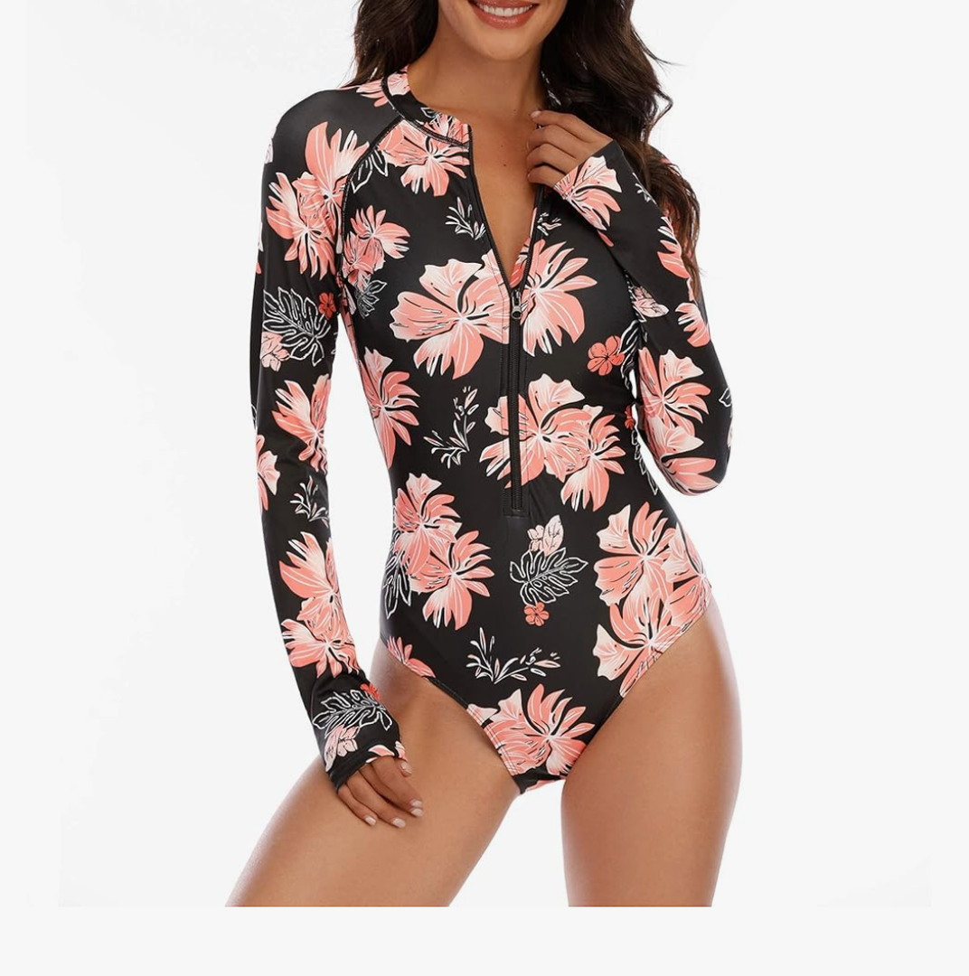 Zando UPF 50+ Long Sleeve Surfing Rash Guard Swimsuit - Womens One Piece Zip Floral Print Sports Bathing Suit for Beach Wear,L