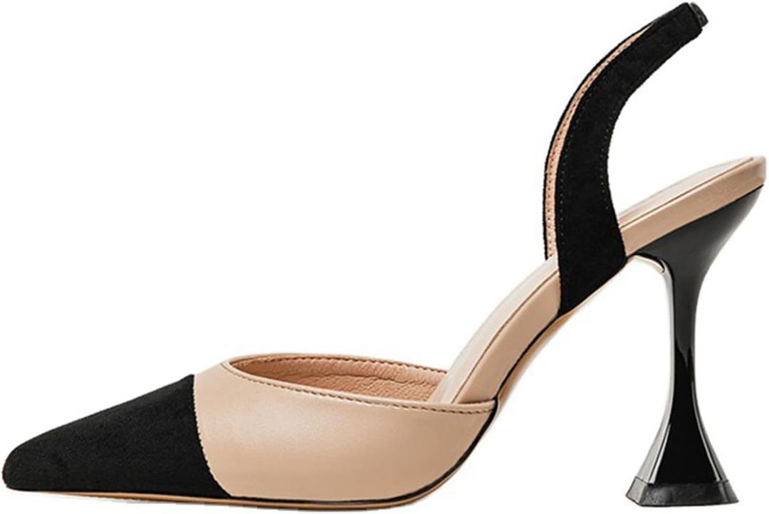 Coutgo Women's Slingback Pumps Pointed Toe Slip On Stiletto Heels Patchwork Dress Party Shoes 6 1/2