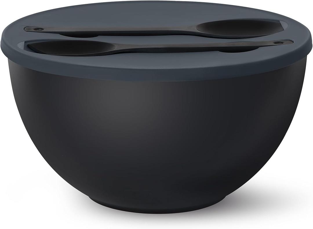10" Large Salad Bowl with Sealing Lid & Serving Utensils,135Oz, Black Big Bamboo Fiber Salad Serving Bowl with Servers for Mixing/Serving (Silicone Dark Grey Lid)