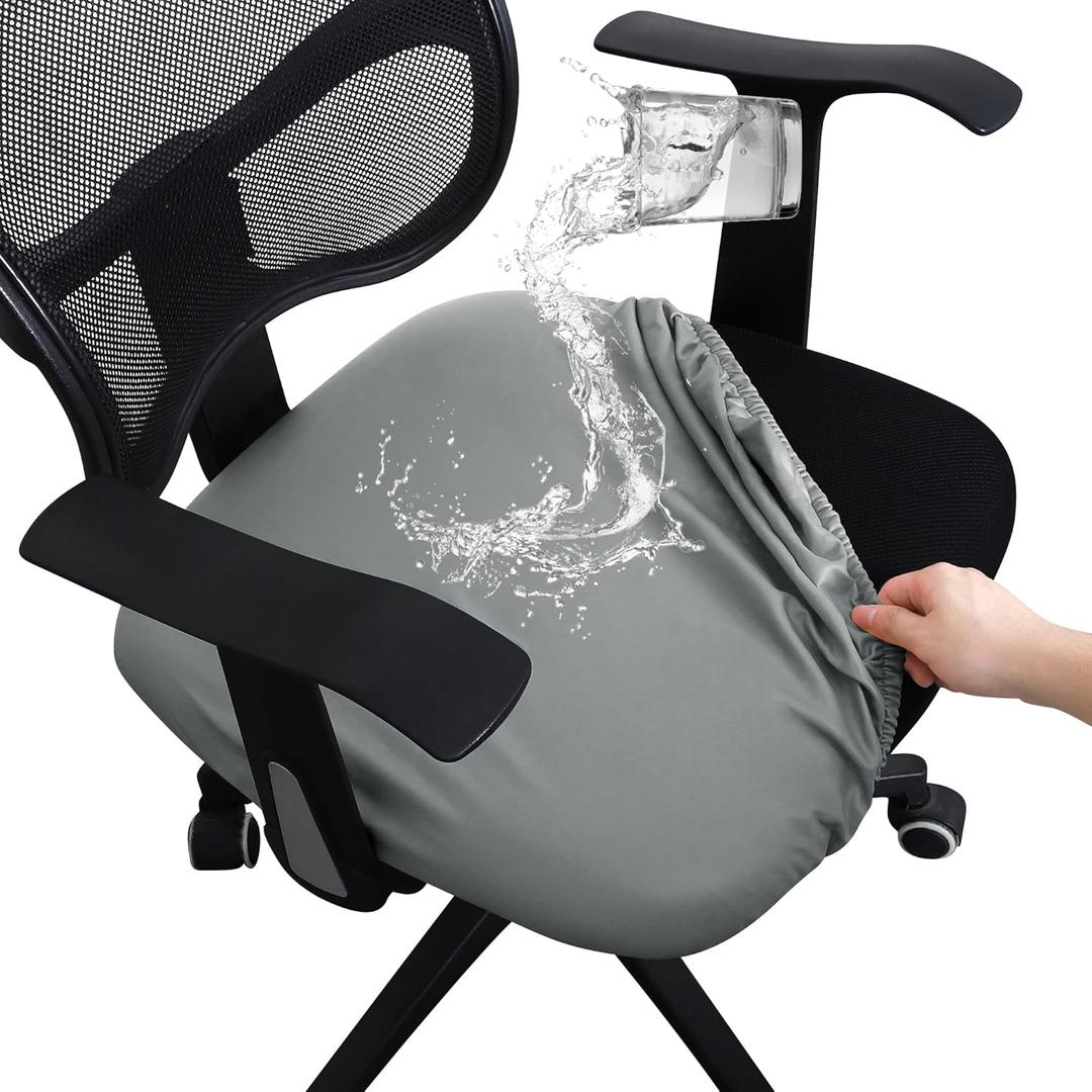 Office Chair seat Covers Leather Stretch Waterproof PU Computer Chair Seat Cushion Slipcovers-Black, Set Of 4 