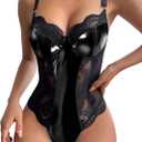 Lilosy Sexy Leather Underwire Push Up Floral Lace Sheer Corset Lingerie Women Teddy Bodysuit Bustier Top One Piece