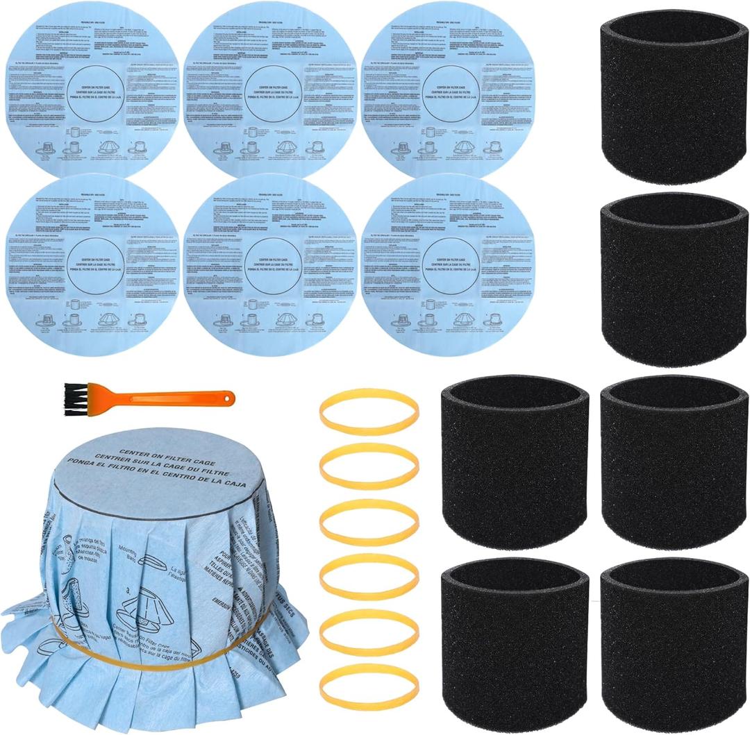 19 Pcs Reusable Vacuum Filter Kit for 5-Gallon+ Wet/Dry Vacuums (6 Foam Sleeve Filters 90585, 6 Dry Filter Discs 90107, 6 Retaining Bands, 1 Brush -Compatible with Shop-Vac, Genie, VacMaster)