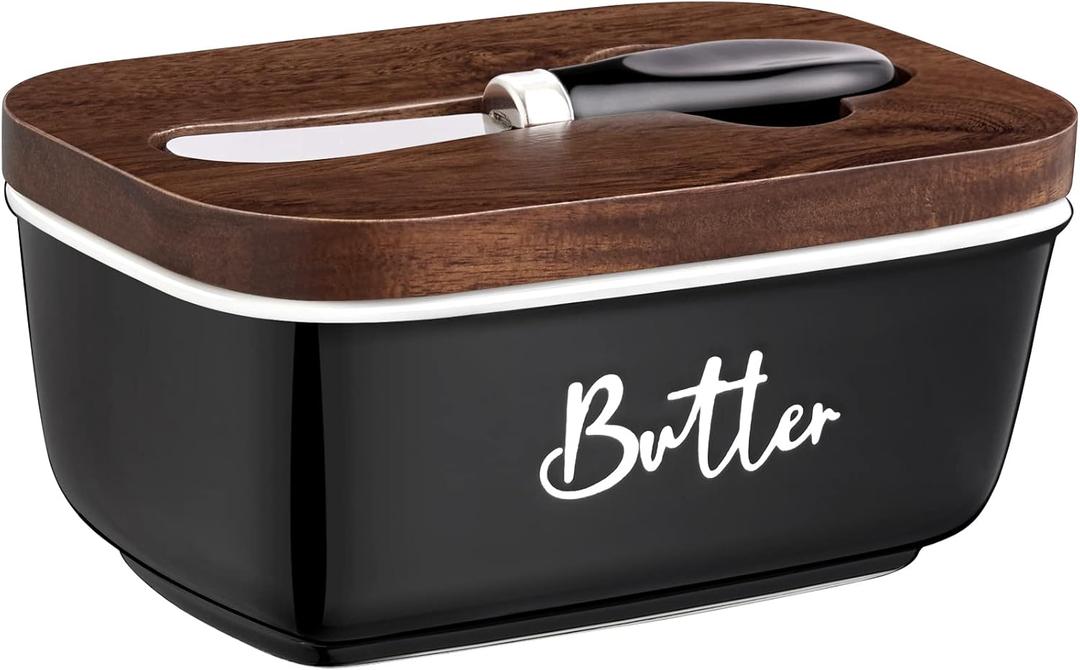 ALELION Black Butter Dish with Lid and Knife for Countertop - Airtight Ceramic Butter Keeper Container with Thick Acacia Wood Lid for Counter or Fridge - for Farmhouse Kitchen Decor and Accessories