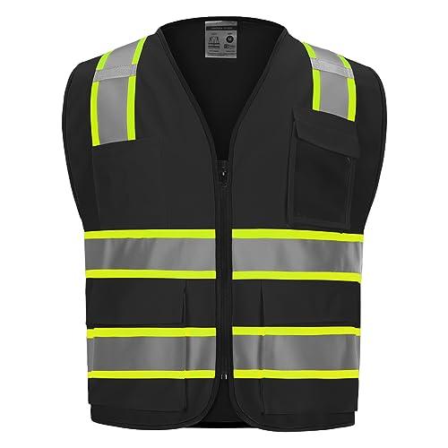 DPSAFETY 9 Pocket Hi Vis Safety Vest with Reflective Strips, Zipper Construction Work Vest for Men & Women, Black, 5XL