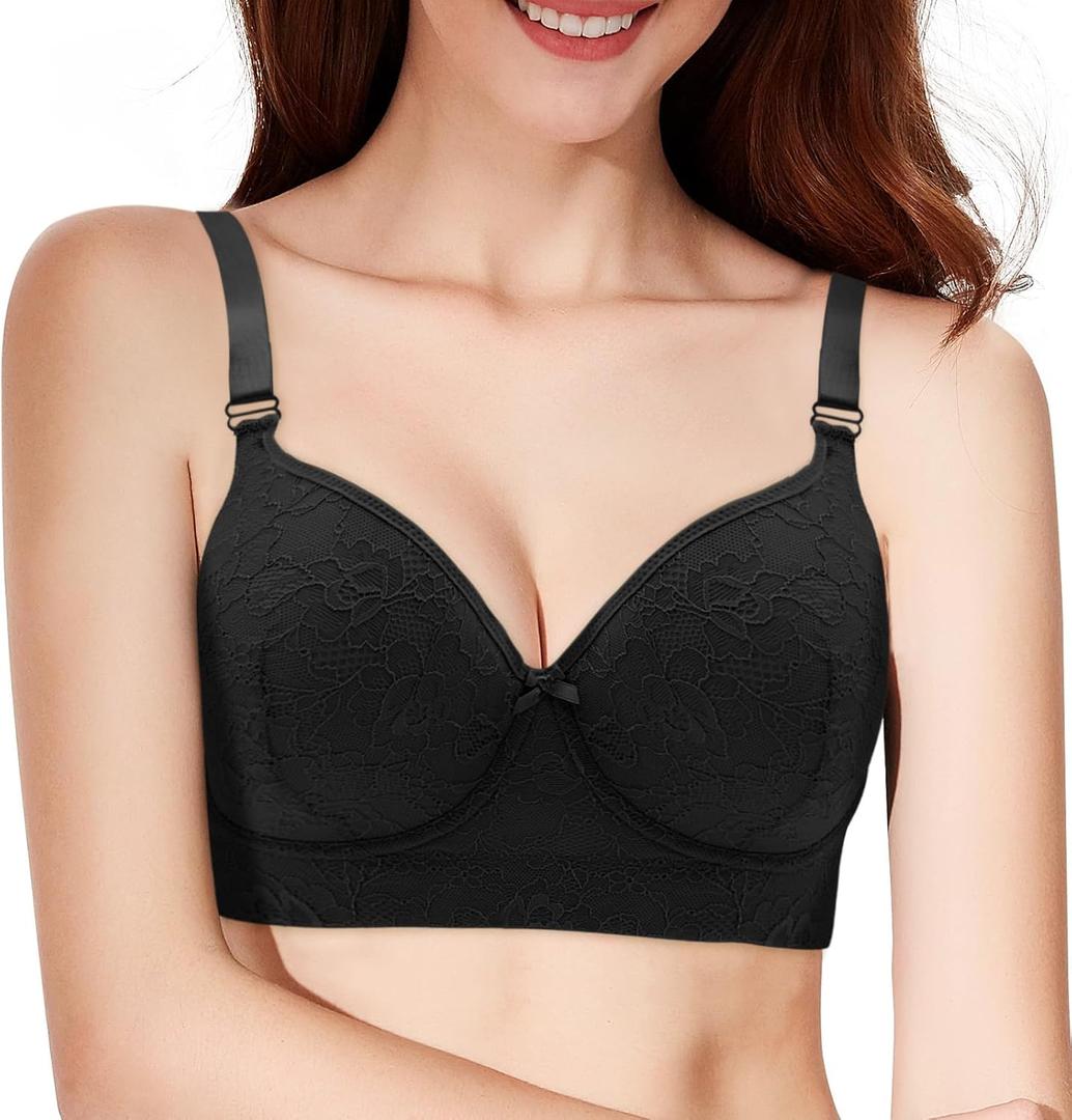 Plus Size Push Up Bras for Women, Back Fat Smoothing Bra Lace Underwire Full Coverage Padded Bras with Support (Black)