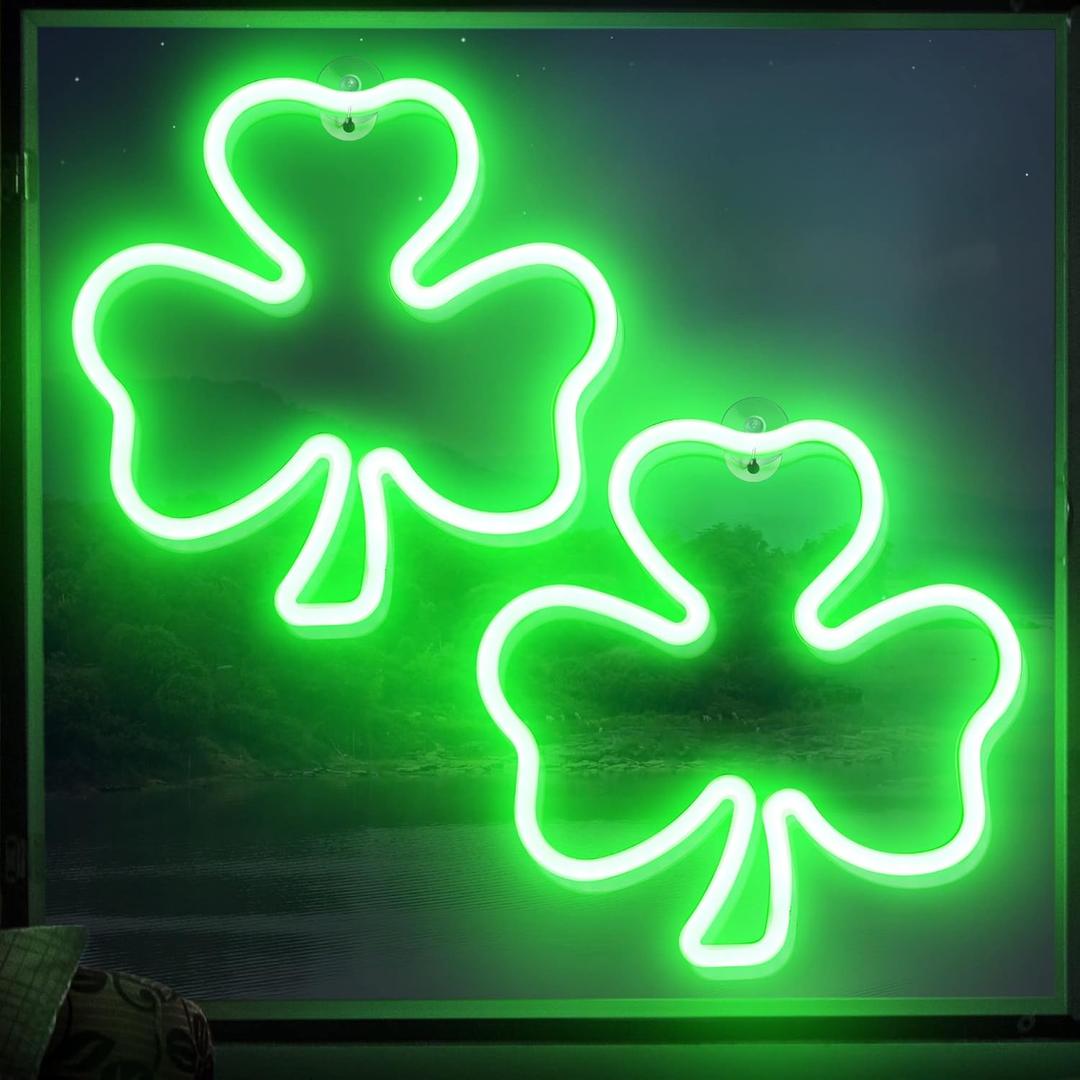 Enhon 2 Pack 11.5 Inch St Patricks Day Decoration Lights, LED Clover Window Lights USB Green Irish Shamrock Neon Tube Signs for Window Wall Bedroom Indoor Outdoor in St Patricks Day Birthday