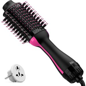 Dual Voltage Hair Dryer Brush with Negative Ion Anti-frizz Styler - Hot Air Volumizer for 110V-120V/220V-240V European and Travel Use