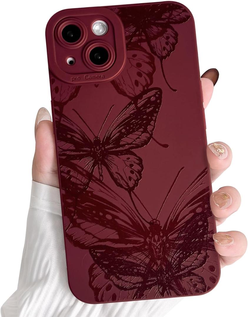 NITITOP Compatible with iPhone 13 Mini Case Cute Aesthetic Butterfly Pattern for Women Girls Soft TPU Shockproof Stylish Full Camera Protective Phone Cover - Wine Red